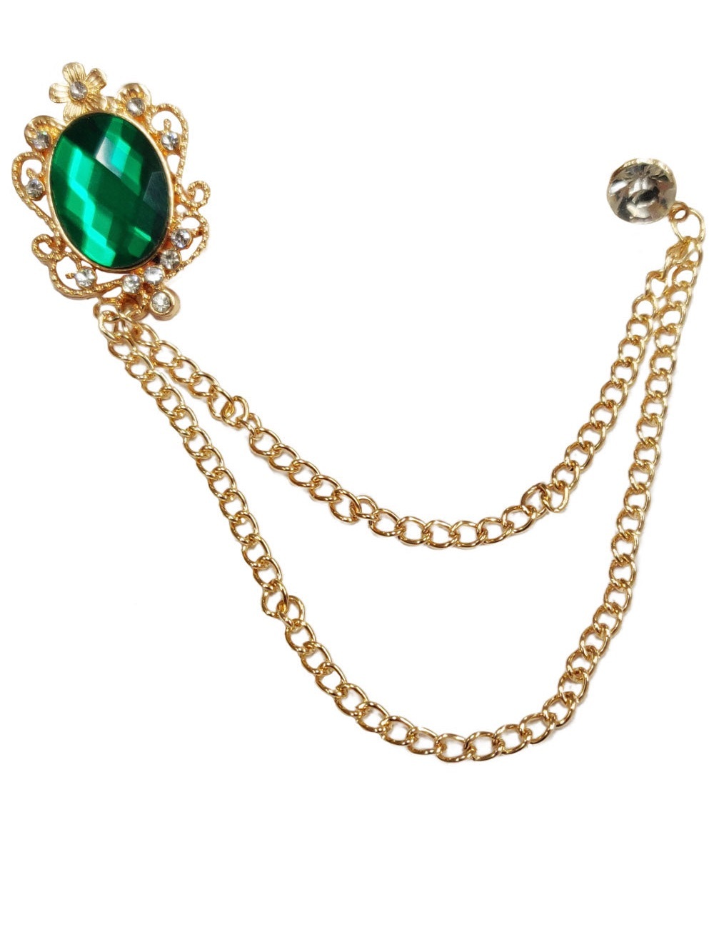 Aratta Gold-Tone Double Chain Brooch with Emerald Green Crystal